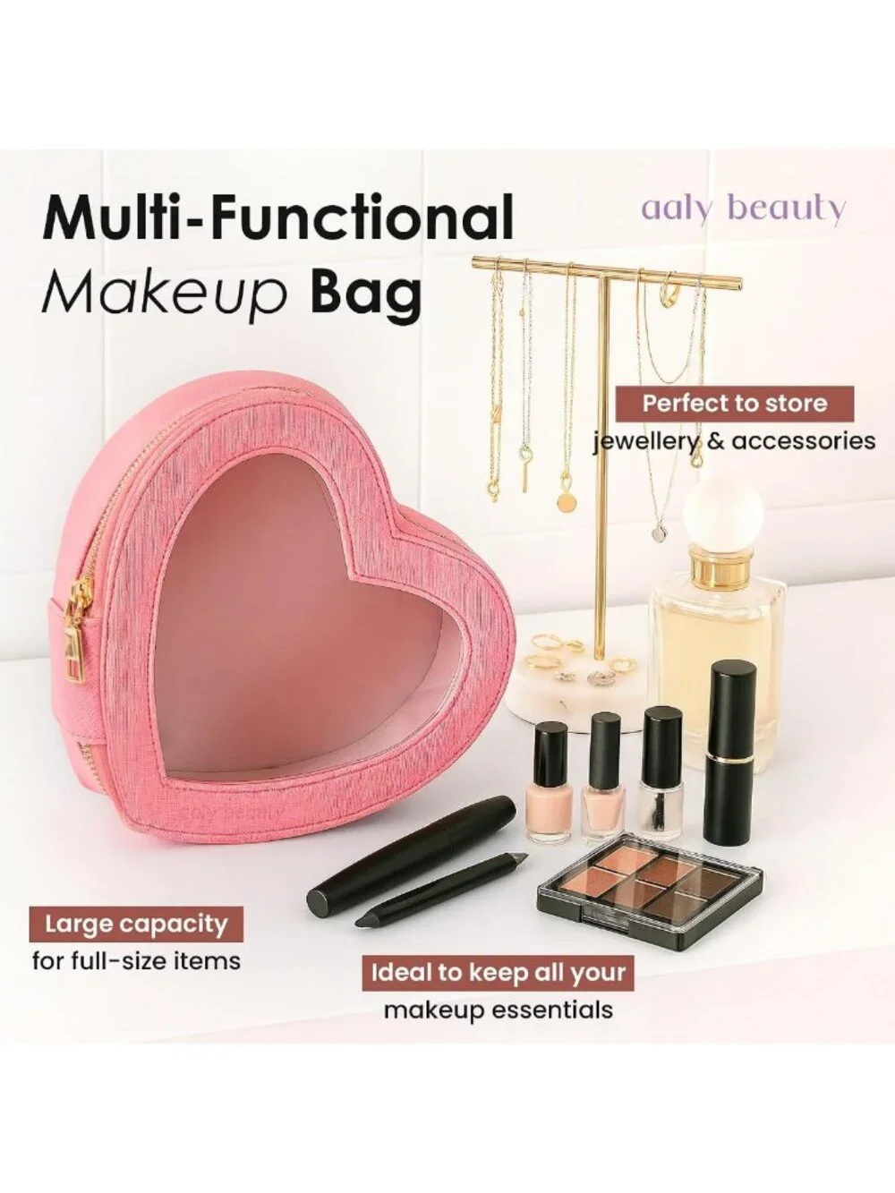 Pink Heart Cosmetic Bag – Large Capacity Makeup & Skincare Organizer, Perfect